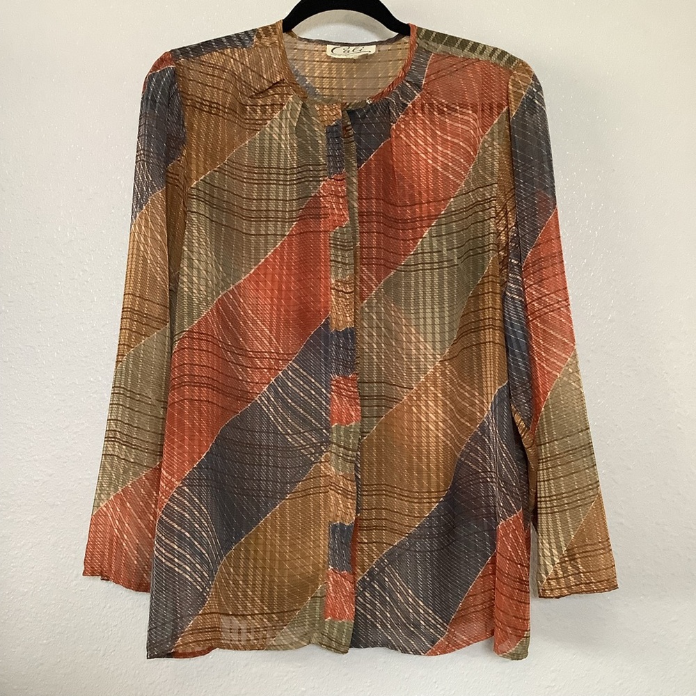 Vintage Multicolor Abstract Orange Earthy Artsy Sheer Long Sleeve Shirt S/M